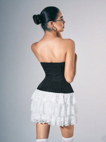 Women's Strapless Black Striped Patchwork Lace Mini Dress