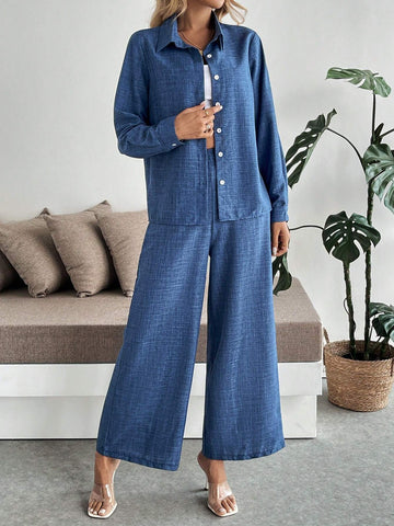 2pcs Set: Casual Turndown Collar Single-Breasted Long Sleeve Shirt + Elastic Waist Pants