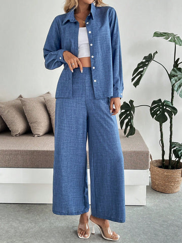 2pcs Set: Casual Turndown Collar Single-Breasted Long Sleeve Shirt + Elastic Waist Pants