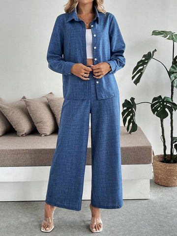 2pcs Set: Casual Turndown Collar Single-Breasted Long Sleeve Shirt + Elastic Waist Pants