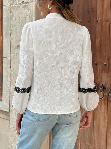 Franclia Elegant Commuter Casual Loose Lace Patchwork Balloon Sleeve Stand Collar Woven Textured Fabric White Blouse For Women,