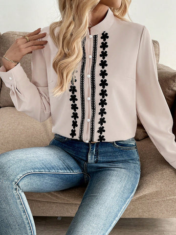 Franclia Elegant Minimalist H-Silhouette Lace Trim Stand Collar Long Sleeve
