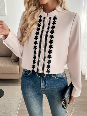 Franclia Elegant Minimalist H-Silhouette Lace Trim Stand Collar Long Sleeve
