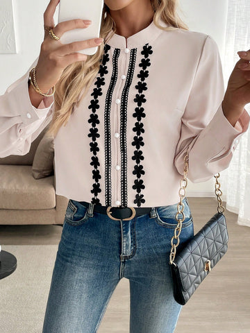 Franclia Elegant Minimalist H-Silhouette Lace Trim Stand Collar Long Sleeve