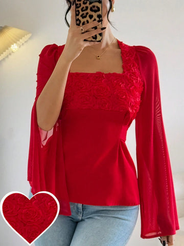 Franclia Elegant V-Neck Floral Patchwork Long Sleeve Split Blouse, Women's Fashion Spring And Summer Shirt