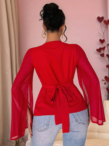 Franclia Elegant V-Neck Floral Patchwork Long Sleeve Split Blouse, Women's Fashion Spring And Summer Shirt