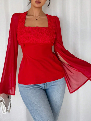 Franclia Elegant V-Neck Floral Patchwork Long Sleeve Split Blouse, Women's Fashion Spring And Summer Shirt