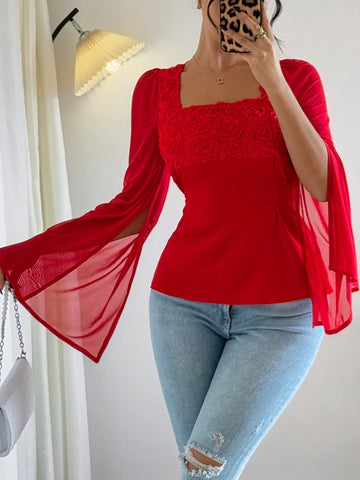 Franclia Elegant V-Neck Floral Patchwork Long Sleeve Split Blouse, Women's Fashion Spring And Summer Shirt