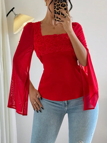 Franclia Elegant V-Neck Floral Patchwork Long Sleeve Split Blouse, Women's Fashion Spring And Summer Shirt