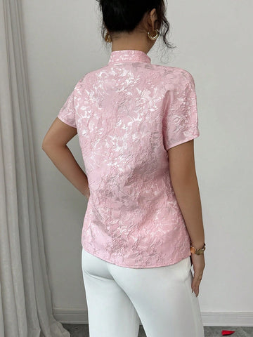 Franclia Fashionable Versatile Mandarin Collar Gold Button Textured Glossy Pink Ladies Blouse