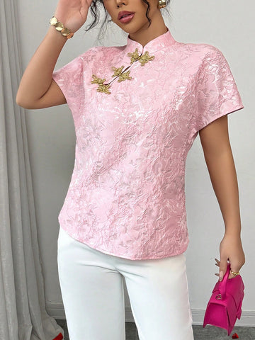 Franclia Fashionable Versatile Mandarin Collar Gold Button Textured Glossy Pink Ladies Blouse