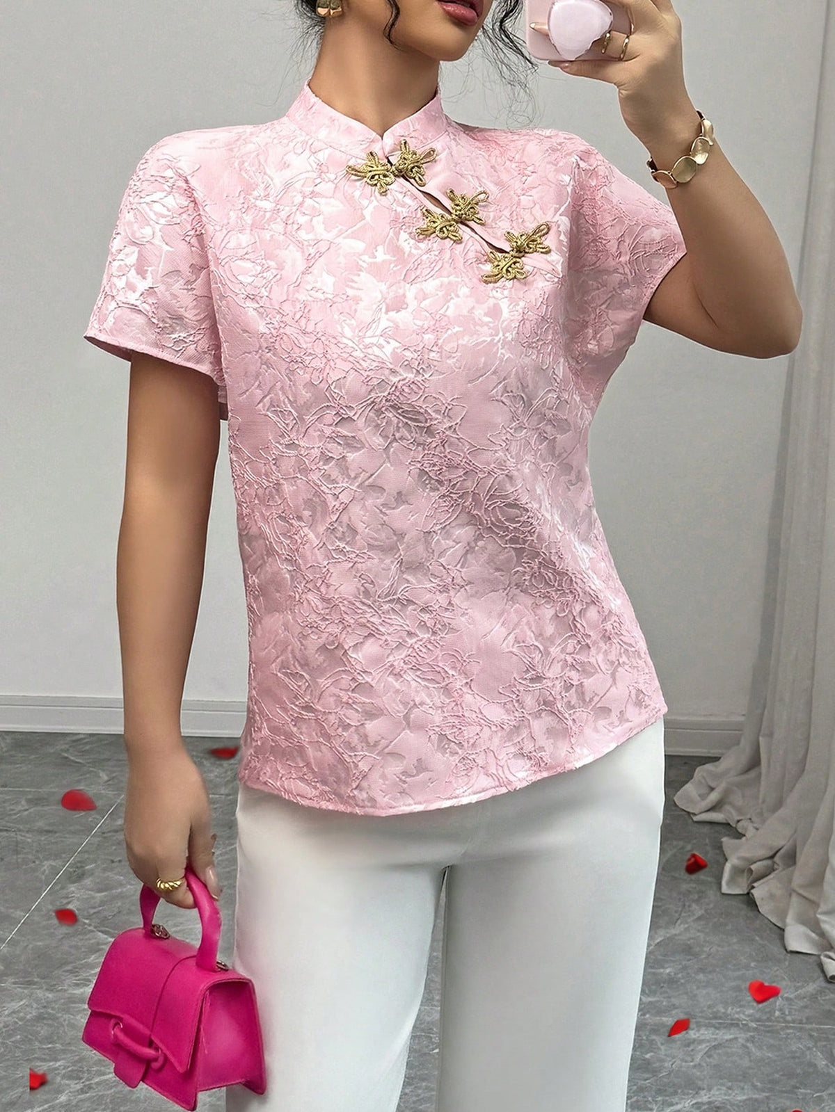 Franclia Fashionable Versatile Mandarin Collar Gold Button Textured Glossy Pink Ladies Blouse