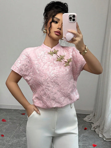 Franclia Fashionable Versatile Mandarin Collar Gold Button Textured Glossy Pink Ladies Blouse