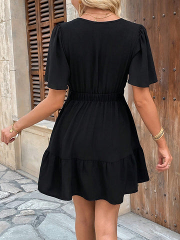 V-Neck Embroidered Waist Slimming A-Line Short Dress