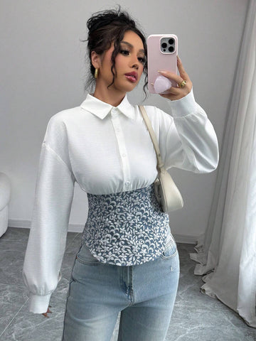 Women Fashionable Jacquard Weave Patchwork Design Shirt