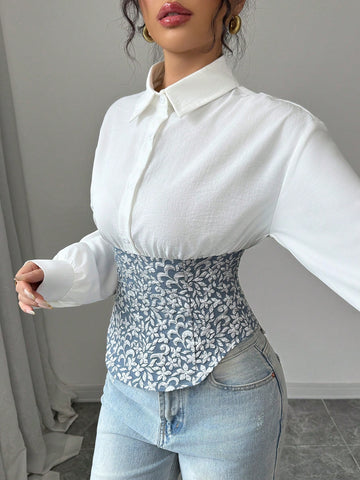 Women Fashionable Jacquard Weave Patchwork Design Shirt