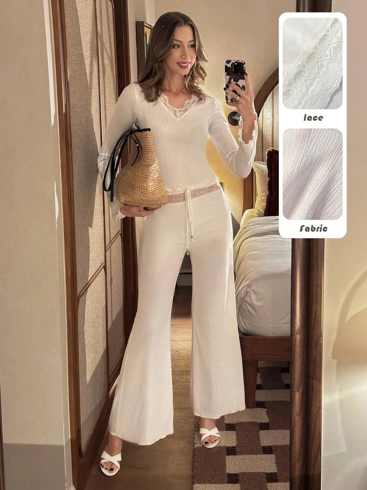 Franclia Women's Casual Simple Lace Patchwork Straight-Leg White Pants