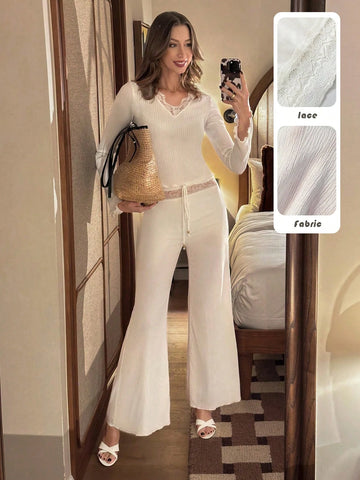 Franclia Women's Casual Simple Lace Patchwork Straight-Leg White Pants