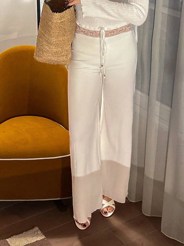 Franclia Women's Casual Simple Lace Patchwork Straight-Leg White Pants