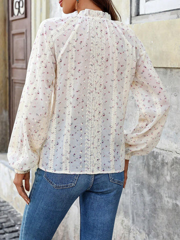 Women's Casual V-Neck Lace Print Long Sleeve Blouse