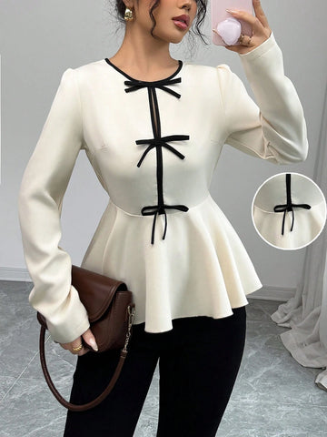 Franclia Women's Elegant Ruffle Sleeve Contrast Bow Tie Waist Fish Tail Hem Blouse