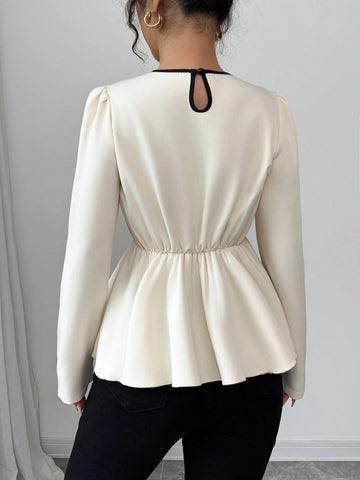 Franclia Women's Elegant Ruffle Sleeve Contrast Bow Tie Waist Fish Tail Hem Blouse