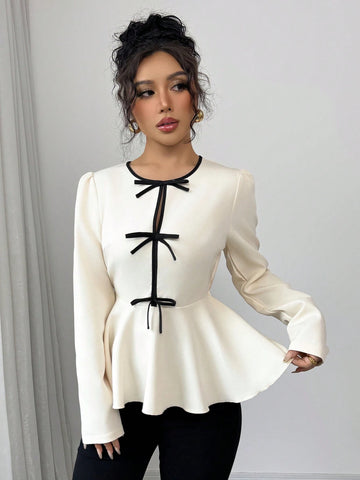 Franclia Women's Elegant Ruffle Sleeve Contrast Bow Tie Waist Fish Tail Hem Blouse