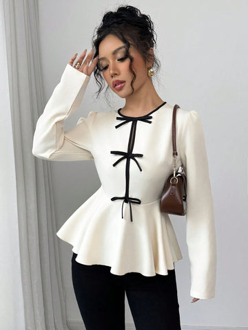 Franclia Women's Elegant Ruffle Sleeve Contrast Bow Tie Waist Fish Tail Hem Blouse