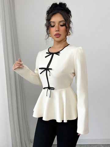 Franclia Women's Elegant Ruffle Sleeve Contrast Bow Tie Waist Fish Tail Hem Blouse