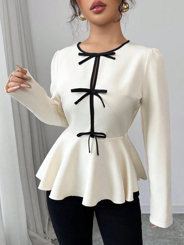 Franclia Women's Elegant Ruffle Sleeve Contrast Bow Tie Waist Fish Tail Hem Blouse