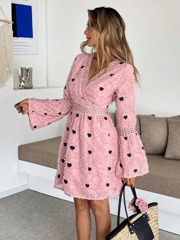 Women's New Fashion Ruffle Sleeve Heart Print Patchwork Lace Hem Dress, Suitable For Valentine's Day, Dating, Versatile