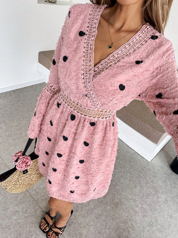 Women's New Fashion Ruffle Sleeve Heart Print Patchwork Lace Hem Dress, Suitable For Valentine's Day, Dating, Versatile