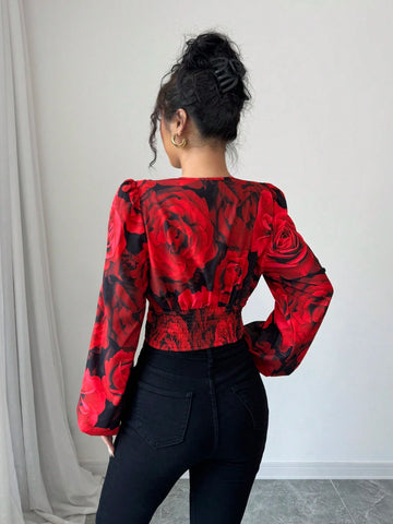 Franclia Women's Rose Floral Romantic Elegant Fitted Long Sleeve Blouse