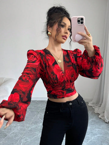 Franclia Women's Rose Floral Romantic Elegant Fitted Long Sleeve Blouse