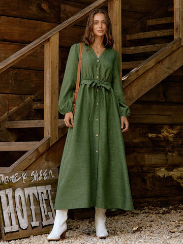 Women's Solid Color Front Button Long Sleeve Casual Long Dress