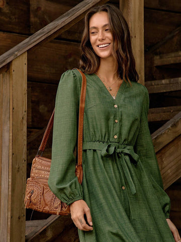 Women's Solid Color Front Button Long Sleeve Casual Long Dress