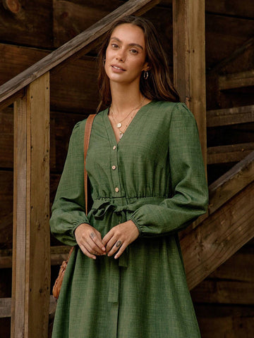 Women's Solid Color Front Button Long Sleeve Casual Long Dress