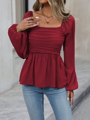 Franclia Women's Solid Color Ruched Lantern Sleeve Casual Blouse, Spring/Autumn,Ladies Casual Ruched,Ruffle Hem Long Sleeve Square Neck Slim Fit Regular Maroon Bishop Sleeve Peplum Women Blouses,Spring/Fall ,Casual Daily Wear Peplum Top