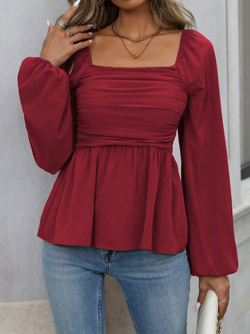 Franclia Women's Solid Color Ruched Lantern Sleeve Casual Blouse, Spring/Autumn,Ladies Casual Ruched,Ruffle Hem Long Sleeve Square Neck Slim Fit Regular Maroon Bishop Sleeve Peplum Women Blouses,Spring/Fall ,Casual Daily Wear Peplum Top