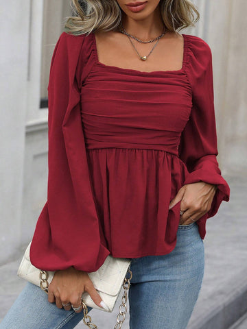 Franclia Women's Solid Color Ruched Lantern Sleeve Casual Blouse, Spring/Autumn,Ladies Casual Ruched,Ruffle Hem Long Sleeve Square Neck Slim Fit Regular Maroon Bishop Sleeve Peplum Women Blouses,Spring/Fall ,Casual Daily Wear Peplum Top