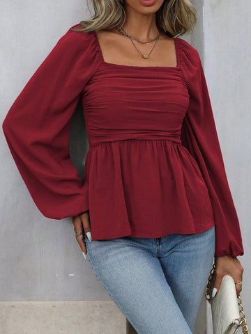Franclia Women's Solid Color Ruched Lantern Sleeve Casual Blouse, Spring/Autumn,Ladies Casual Ruched,Ruffle Hem Long Sleeve Square Neck Slim Fit Regular Maroon Bishop Sleeve Peplum Women Blouses,Spring/Fall ,Casual Daily Wear Peplum Top