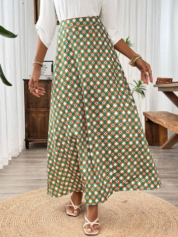 Franclia Women's Summer High-Waisted A-Line Midi Skirt With Geometric Print Maxi Women Outfit