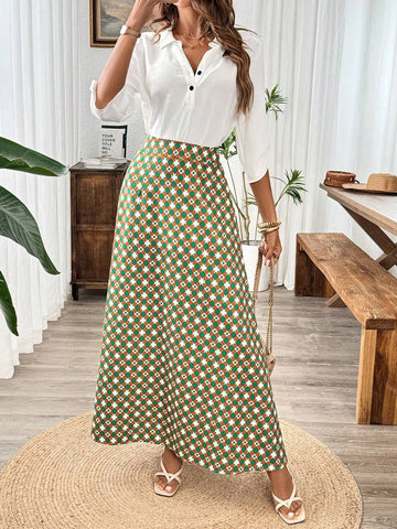 Franclia Women's Summer High-Waisted A-Line Midi Skirt With Geometric Print Maxi Women Outfit