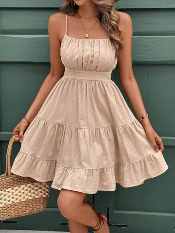 100% Cotton Summer Linen Ruffle Hem Pleated Slip Dress, Square Neck A-Line Tank Dress,