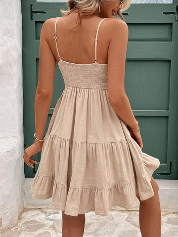 100% Cotton Summer Linen Ruffle Hem Pleated Slip Dress, Square Neck A-Line Tank Dress,
