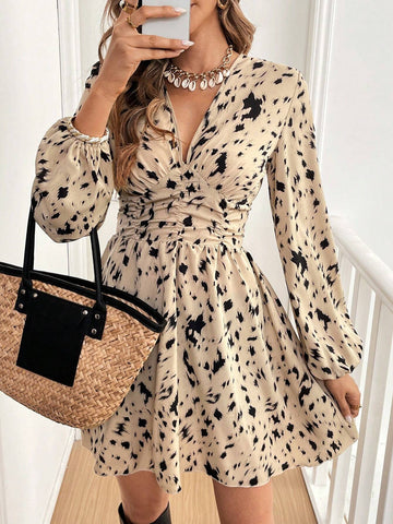 1pc Casual Elegant Full Print Pleated Lantern Sleeve Waisted Dress, Autumn