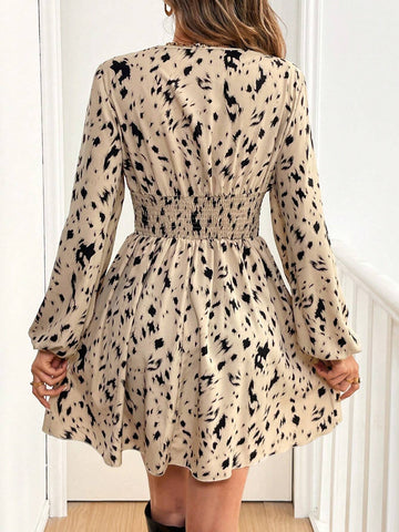 1pc Casual Elegant Full Print Pleated Lantern Sleeve Waisted Dress, Autumn