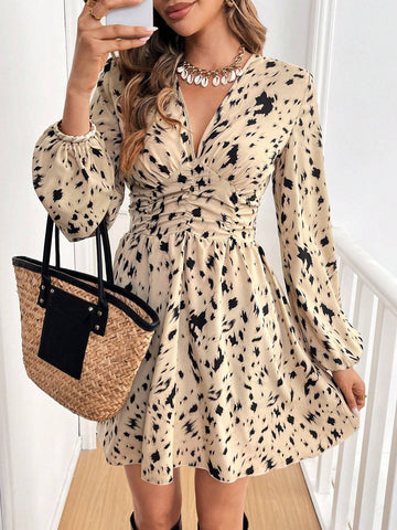 1pc Casual Elegant Full Print Pleated Lantern Sleeve Waisted Dress, Autumn
