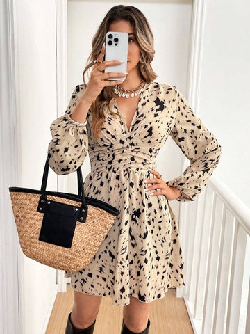 1pc Casual Elegant Full Print Pleated Lantern Sleeve Waisted Dress, Autumn