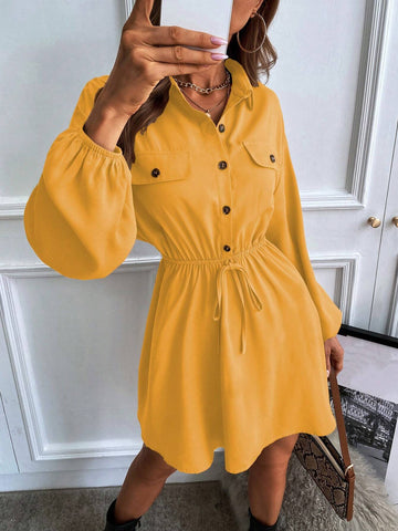 1pc Solid Color Front Button Closure Casual Long Sleeve Dress